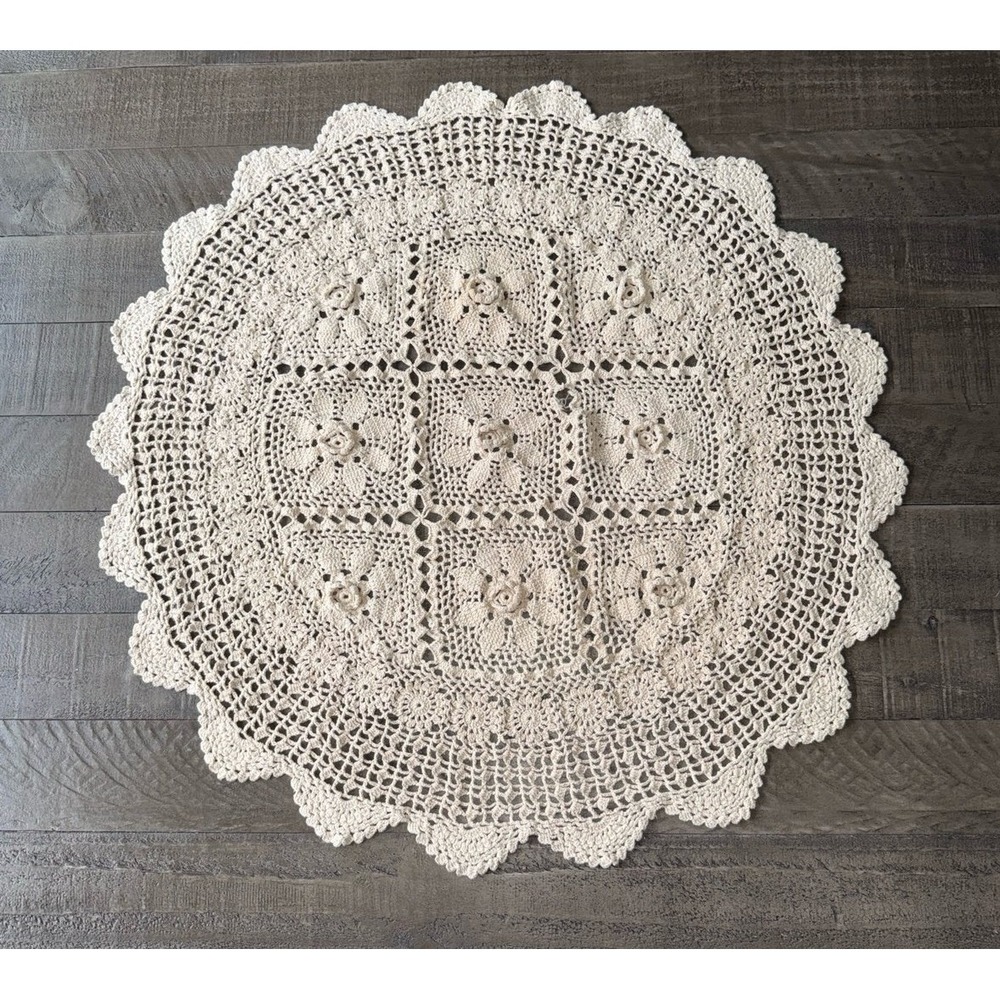 Handmade Off White vintage round crochet doily 28" round